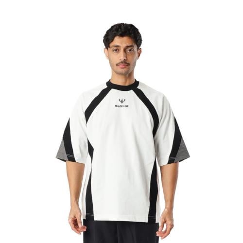 تيشرت أوفرسايز أبيض بخطوط سوداء ورمادي