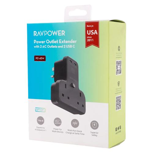 فيش جداري RavPower 3× كهرباء + 2× USB + Type-C – أ...