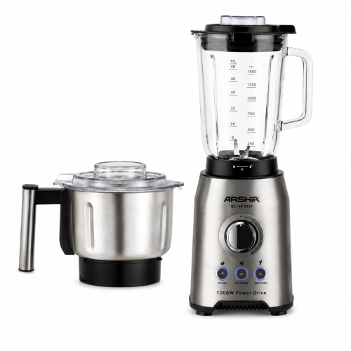 Blender and grinder from Arshia - 1200 watt power - 1.5 liter glass jar + stainless steel grinder