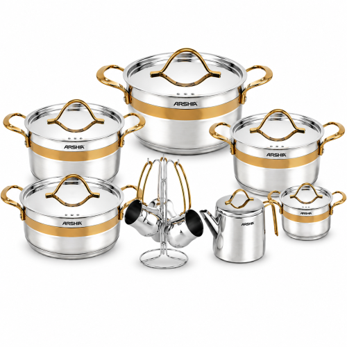 Arsha stainless steel 16-piece cookware set in pink gold