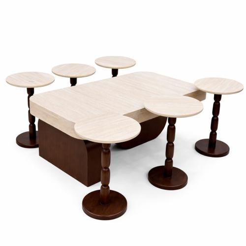 طقم طاوله بديل الرخام قاعده خشب بني 7قطع