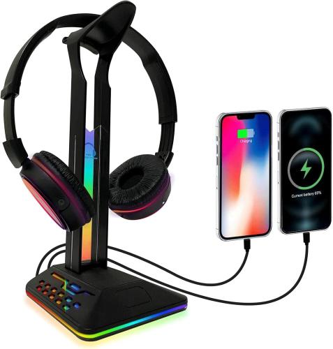 حامل أجهزة إلكترونية من لينجيه لسماعات الألعاب و PC و ماك مع إضاءة RGB و منافذ USB من البلاستيك أسود