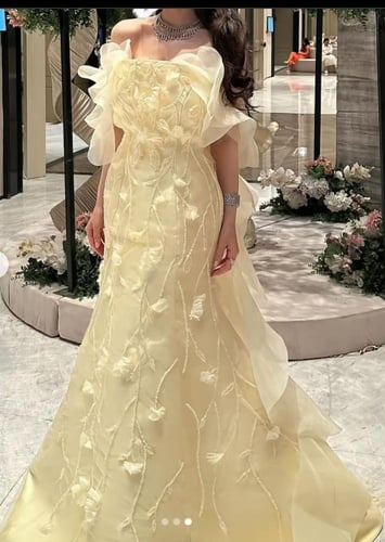 فستان سهره اصفر ميكادو تطريز يدوي +اورجنزا