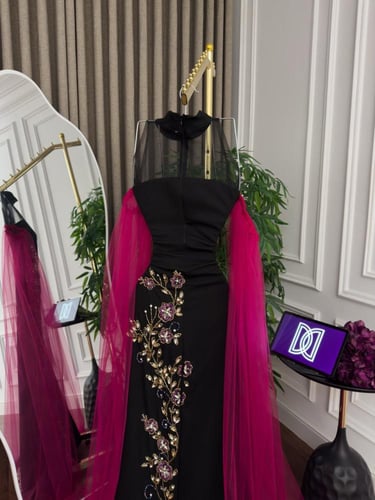 فستان سهره اسود باربي تطريز يدوي وتل كلوش