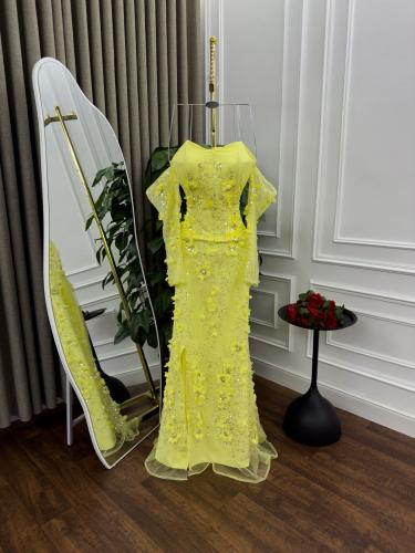 فستان سهره اصفر تل ورد بارز وخرز