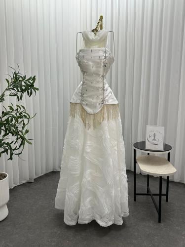 فستان سهره ابيض تول شيفون شرايط اضافه صدريه ميكادو