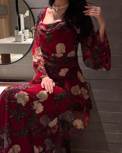 فستان سهره احمر الخامة تل على حرير طبيعي وفصوص زير...