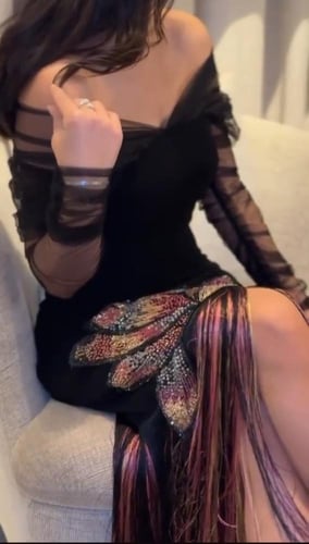 فستان سهره اسود مشجر باربي +اكمام تل مع تطريز ملون...
