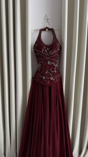 فستان سهره احمر شيفون تطريز يدوي