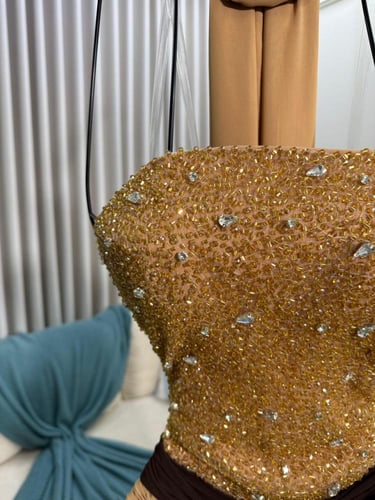 فستان سهره بني الخامة شيفون أصلي درجه أولى بتطريز...