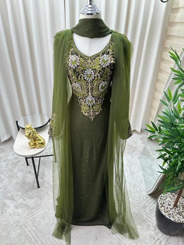 جلابية زيتي الخامة شيفون جورجيت اصلي درجه اولى بتط...