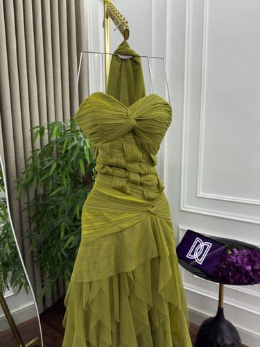 فستان سهره تل ذبل كلوش زيتي