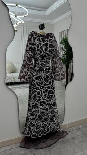 فستان سهره اسود تل مطرزه بخرز وفصوص زركون