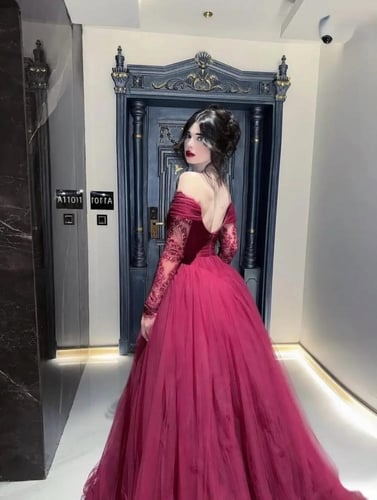 فستان سهره احمر الخامة | تل تيواني +دانتيل +جيبون...