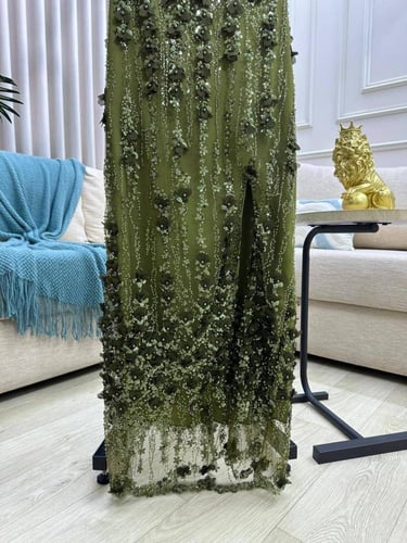 فستان سهره زيتي القماش تطريز شك ورود راقي