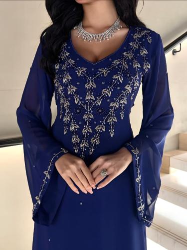 فستان سهرخ ازرق و بيج الخامة خامه شيفون وتطريز يدو...