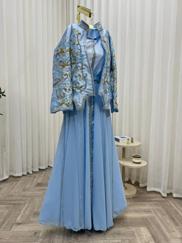 جلابية سهره ارزق الخامة ميكادو + شيفون + تطريز يدو...