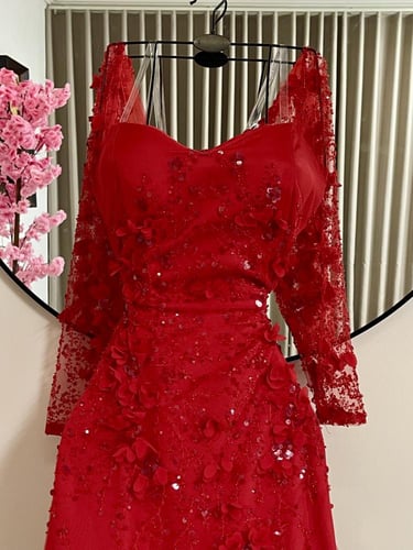 فستان سهره احمر خامه ورد وشيفون