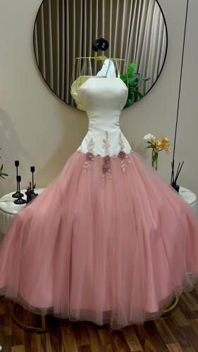 فستان سهره زهري الخامة باربي وتل وتطريز يدوي