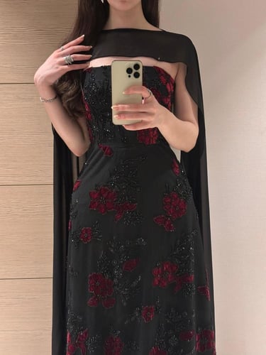 فستان سهره اسود خامه تل علا ورد مخمليه وخرز وبطانه...