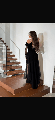 فستان اسود خامه باربي مع دنتيل +تطريز لولو