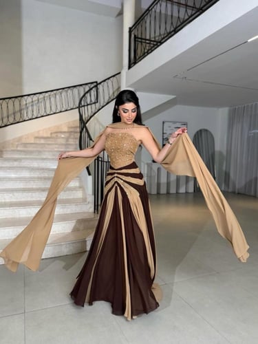 فستان سهره بني الخامة شيفون أصلي درجه أولى بتطريز...