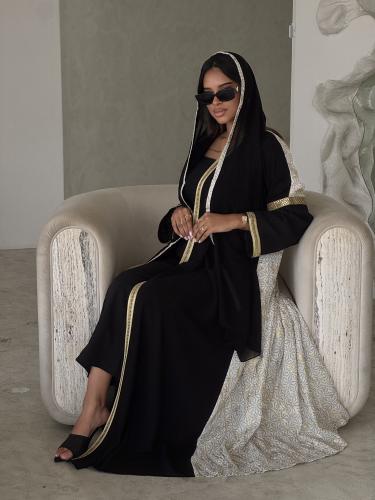 عباية سوداء Grace Gold 3 قطن مقصب اكمام كروشيه