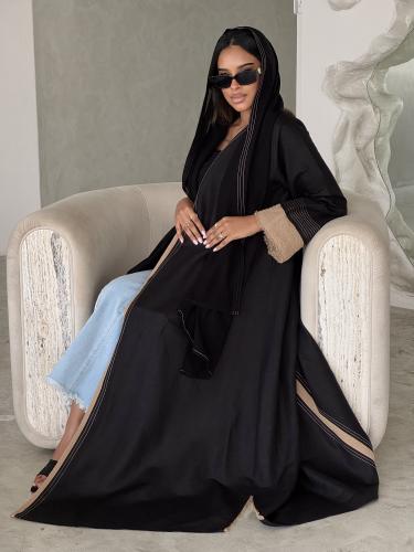عباية سوداء Formal Black كتان مع تفاصيل كاكي