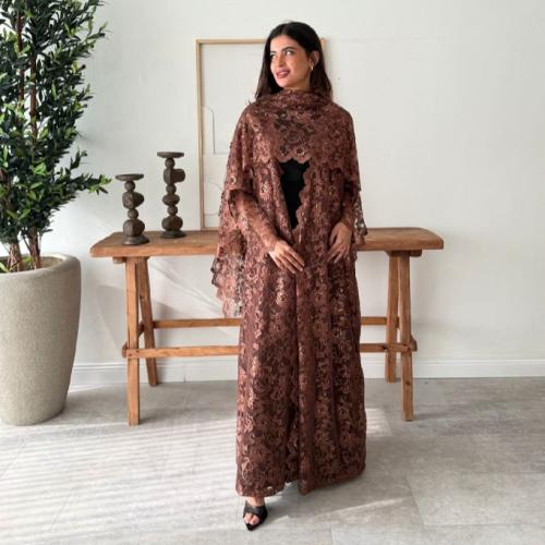 عباية وطرحة دانتيل مورد لون بني- brown lace