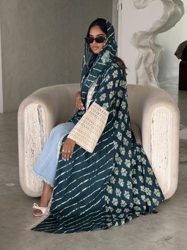 عباية ملونة اخضر قطن مشجر Green Soul اكمام كروشيه