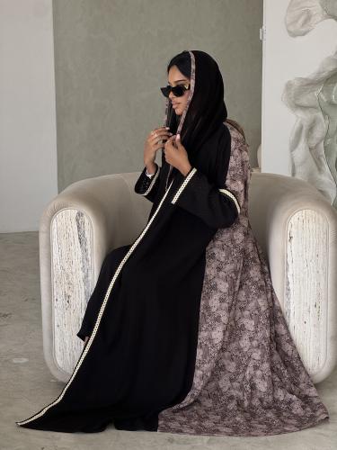 عباية سوداء Elegant لينن بني كريب اكمام كروشيه