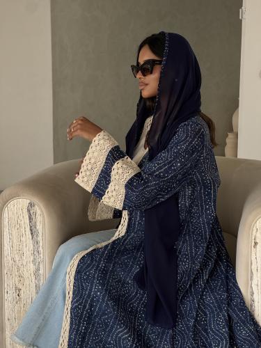 عباية ملونة Jeans Soul كحلي قطن مشجر اكمام كروشيه