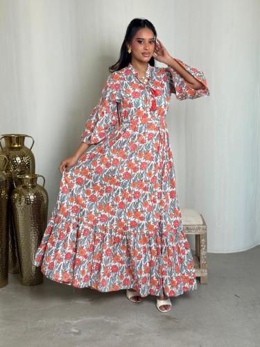 جلابية قطن مشجر برتقالي بحزام خصر Ariana flowers o...