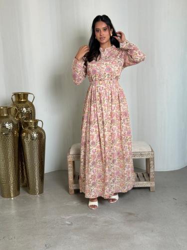 جلابية قطن مشجر وردي وأصفر بحزام خصر Tania pink ye...