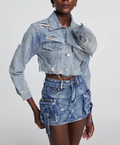 Rose Denim Cropped Jacket with Bold Design