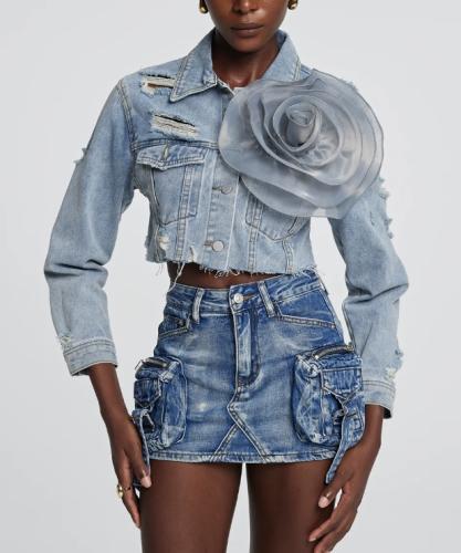 Rose Denim Cropped Jacket with Bold Design