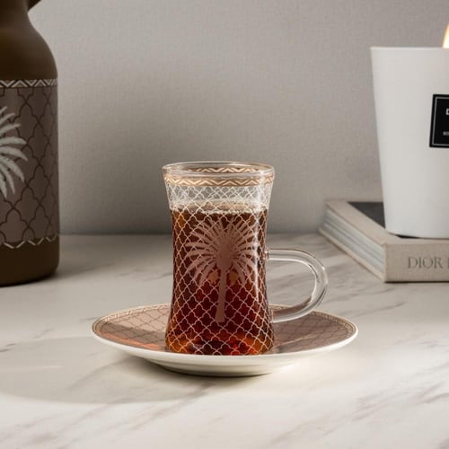 طقم بيالات شاي زجاج مجموعة عجوة 6 قطع بيج