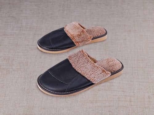 حذاء منزلي رجالي جلد فرو ناعم - أسود جملي