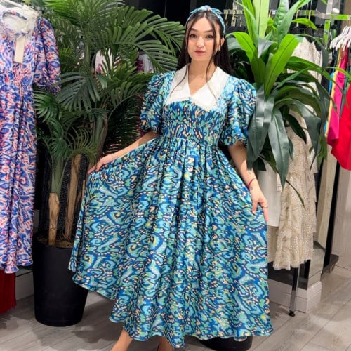 فستان طويل بياقة مع طوق شعر