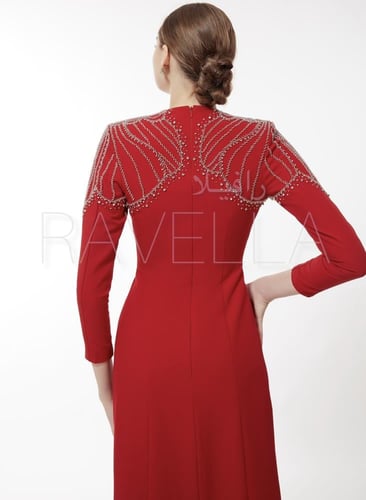 فستان كريب احمر بكرستال ناعم