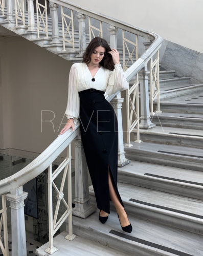 فستان كريب طويل بأكمام شيفون