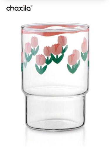 كوب زجاج برسومات ورد