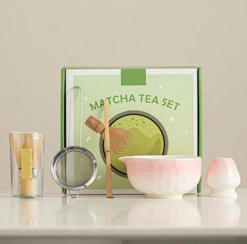 ادوات ماتشا 5 قطع وردي و ابيض