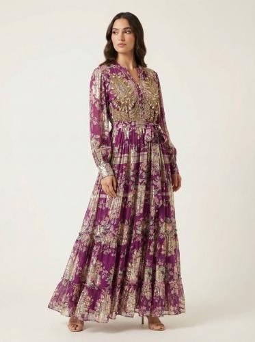 فستان لاميه موف بتطريز يدوي علي الصدر