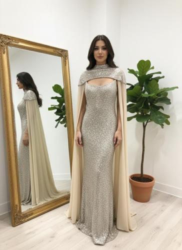 فستان ترتر ذهبي مع شيفون