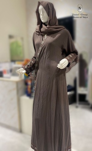 عباية لينين خفيف بتطريز يدوي على الصدر والاكمام -...