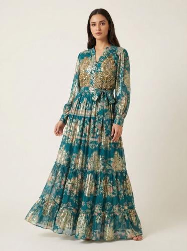 فستان لاميه تركواز بتطريز يدوي علي الصدر