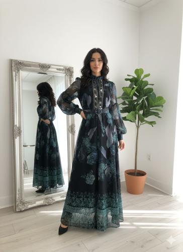 فستان شيفون اخضر و اسود