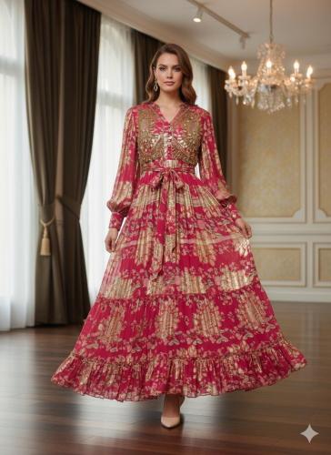 فستان لاميه بتطريز يدوي علي الصدر