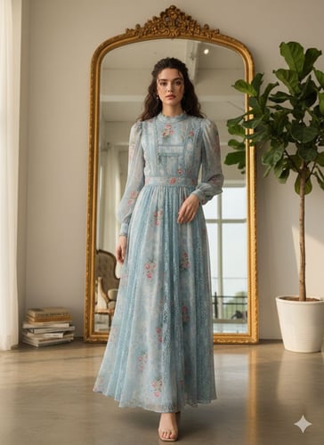 فستان سماوي مورد , شيفون مع دانتيل